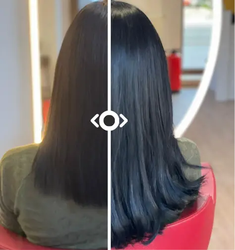 Vorher-Nachher-Bild einer Haarverlängerung mit Extensions